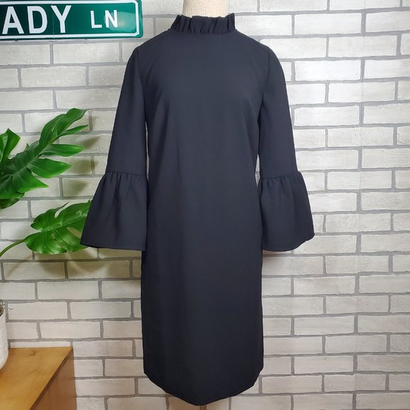 J. Crew Black Bell Sleeve Ruffle Neck Midi Shift Dress Size 00 - Picture 4 of 10